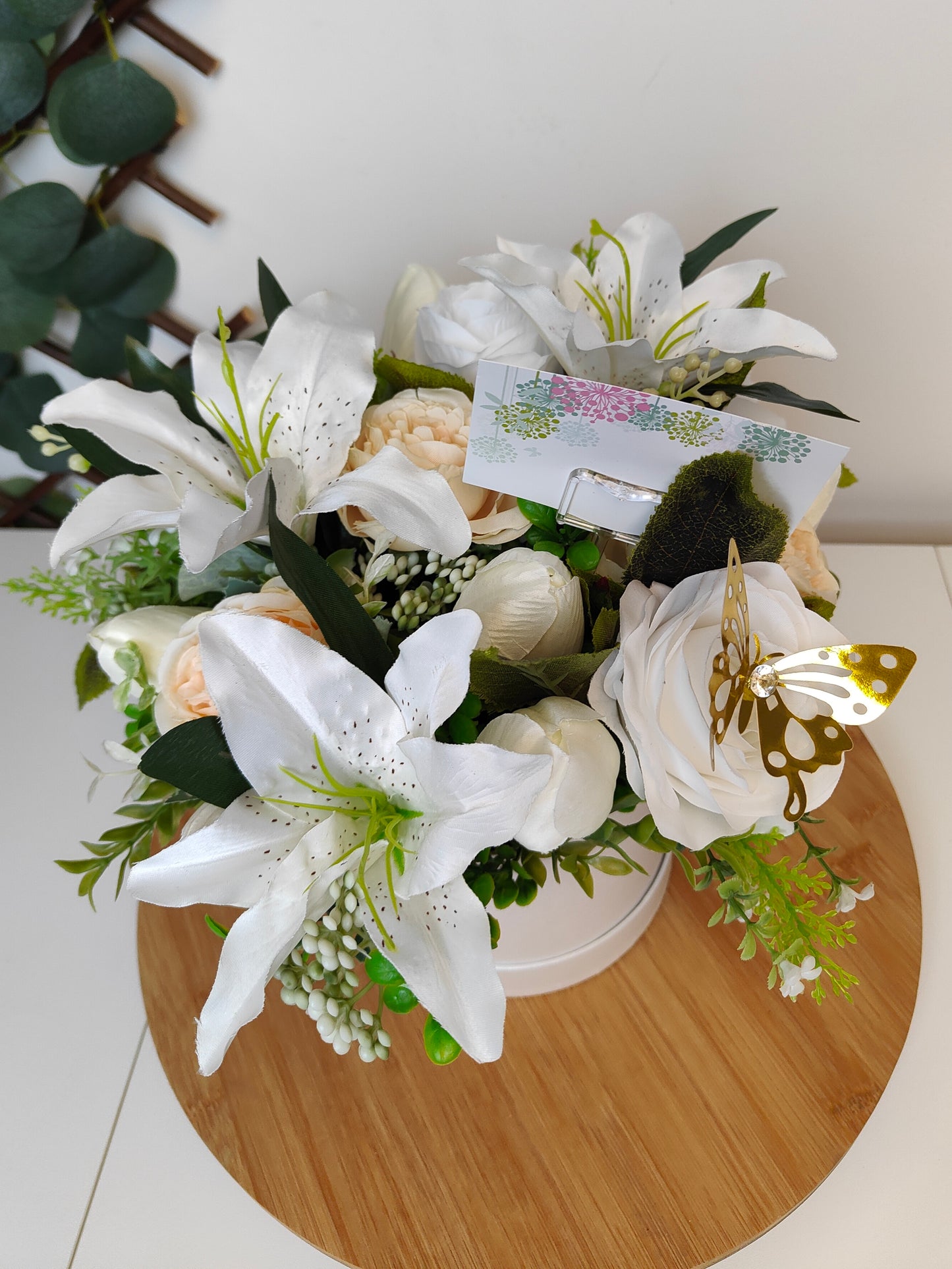 Artificial Lily & Rose Hat Box – Bereavement / Sympathy Arrangement