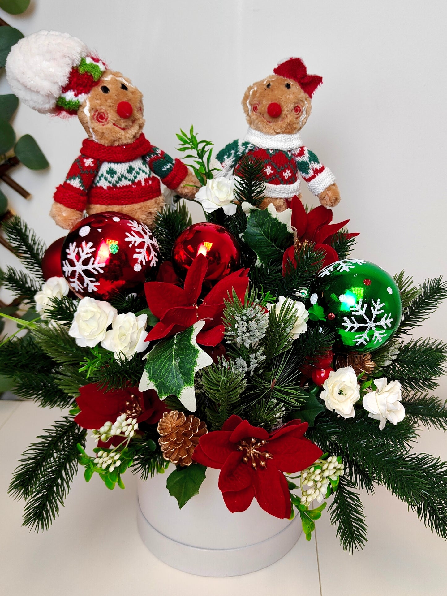 Gingerbread Man & Girl Poinsettia Hat Box Arrangement – Artificial Christmas Centerpiece