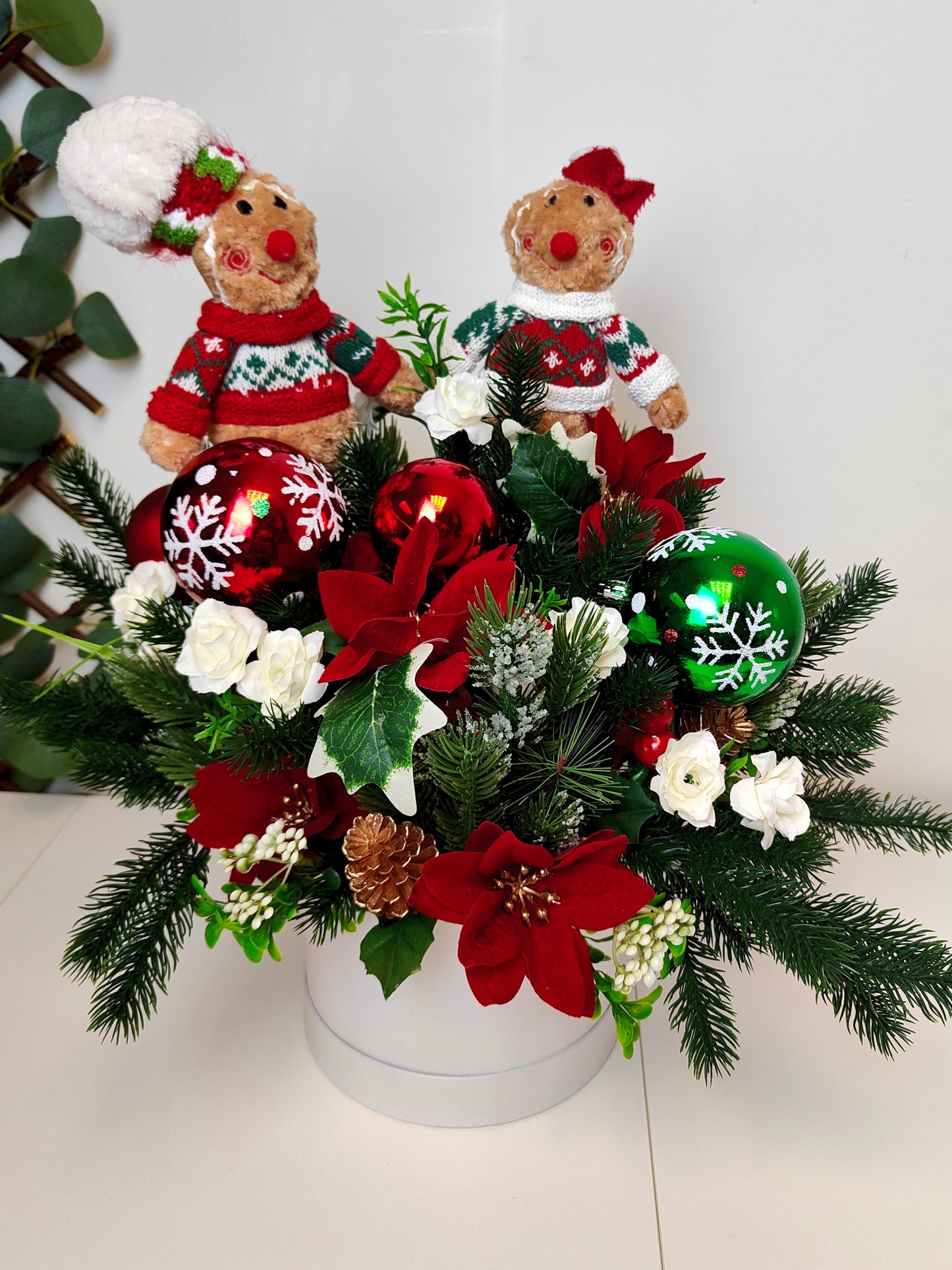 Gingerbread Man & Girl Poinsettia Hat Box Arrangement – Artificial Christmas Centerpiece