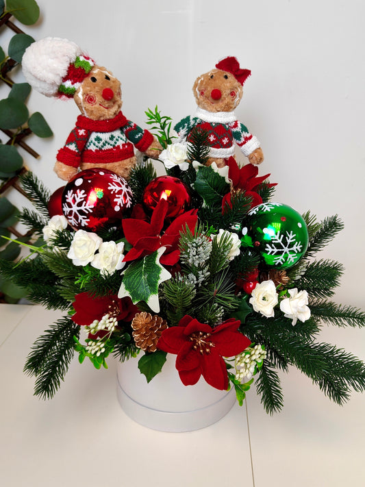 Gingerbread Man & Girl Poinsettia Hat Box Arrangement – Artificial Christmas Centerpiece