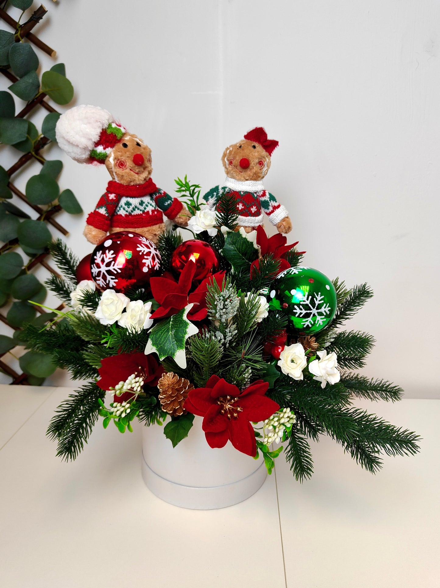 Gingerbread Man & Girl Poinsettia Hat Box Arrangement – Artificial Christmas Centerpiece