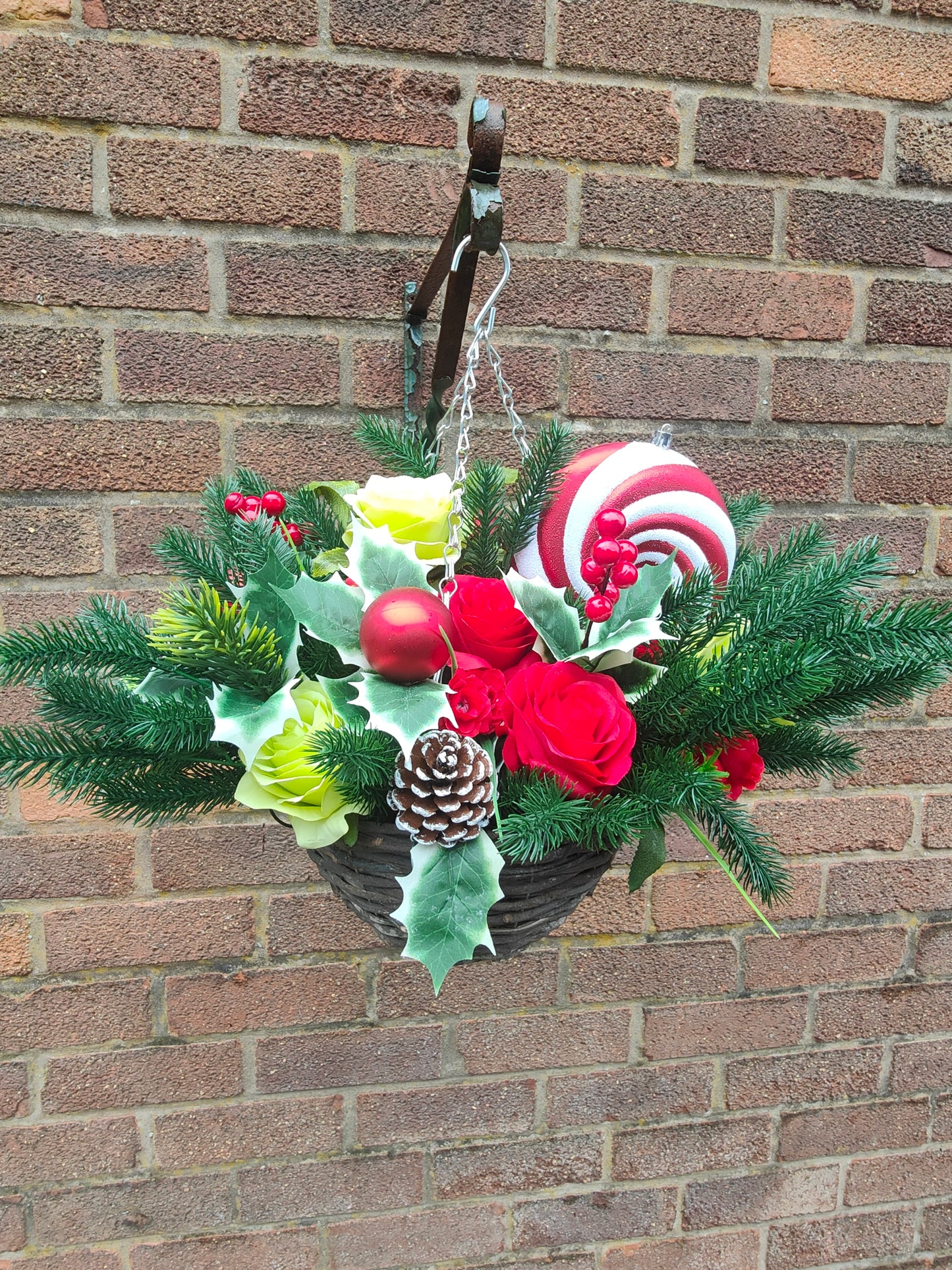 Green Monster Red Green Artificial Flower with Holly Hanging Basket 10 inch