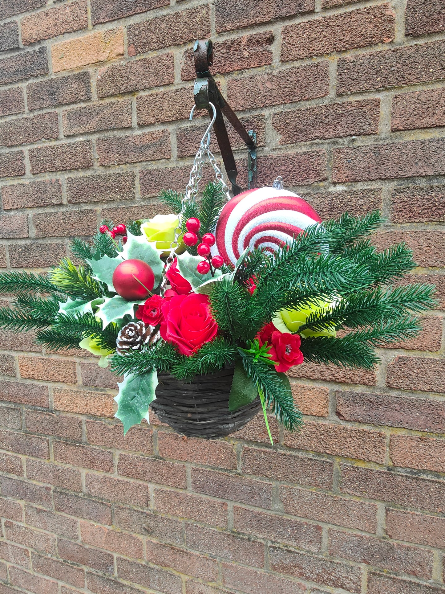 Green Monster Red Green Artificial Flower with Holly Hanging Basket 10 inch