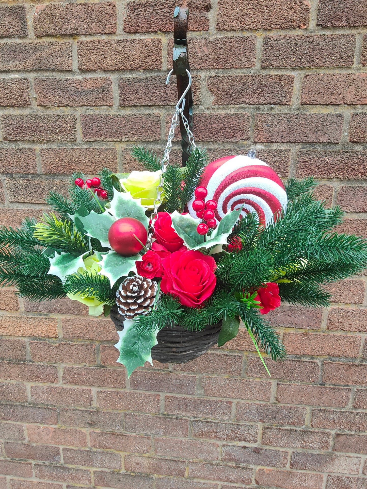 Green Monster Red Green Artificial Flower with Holly Hanging Basket 10 inch