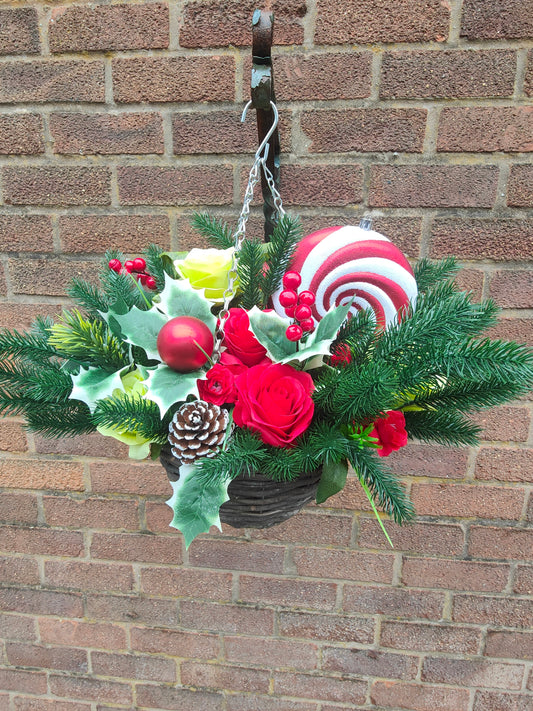 Green Monster Red Green Artificial Flower with Holly Hanging Basket 10 inch