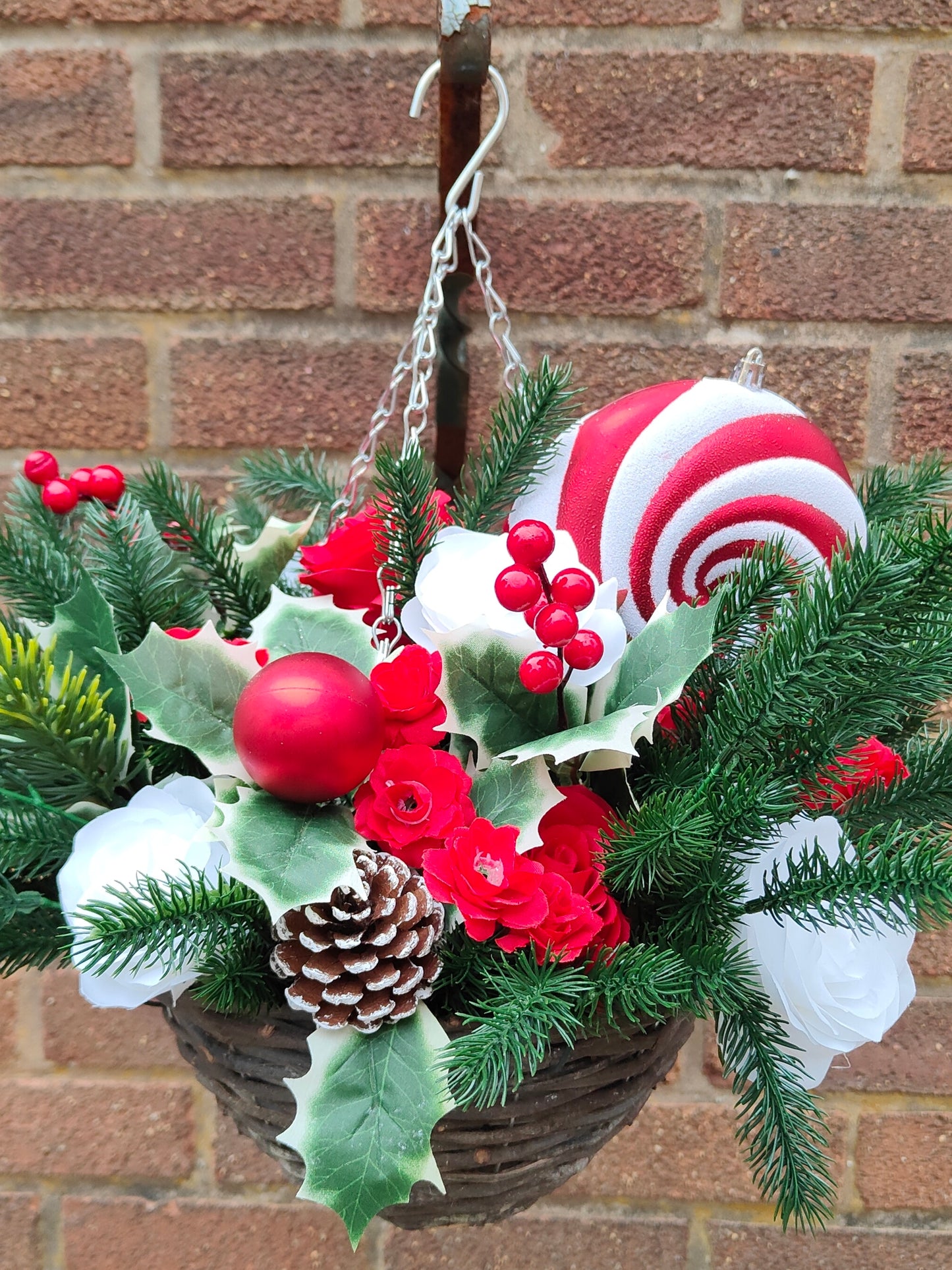 Candy Cane Red White Artificial Flower with Holly Hanging Basket 10 inch