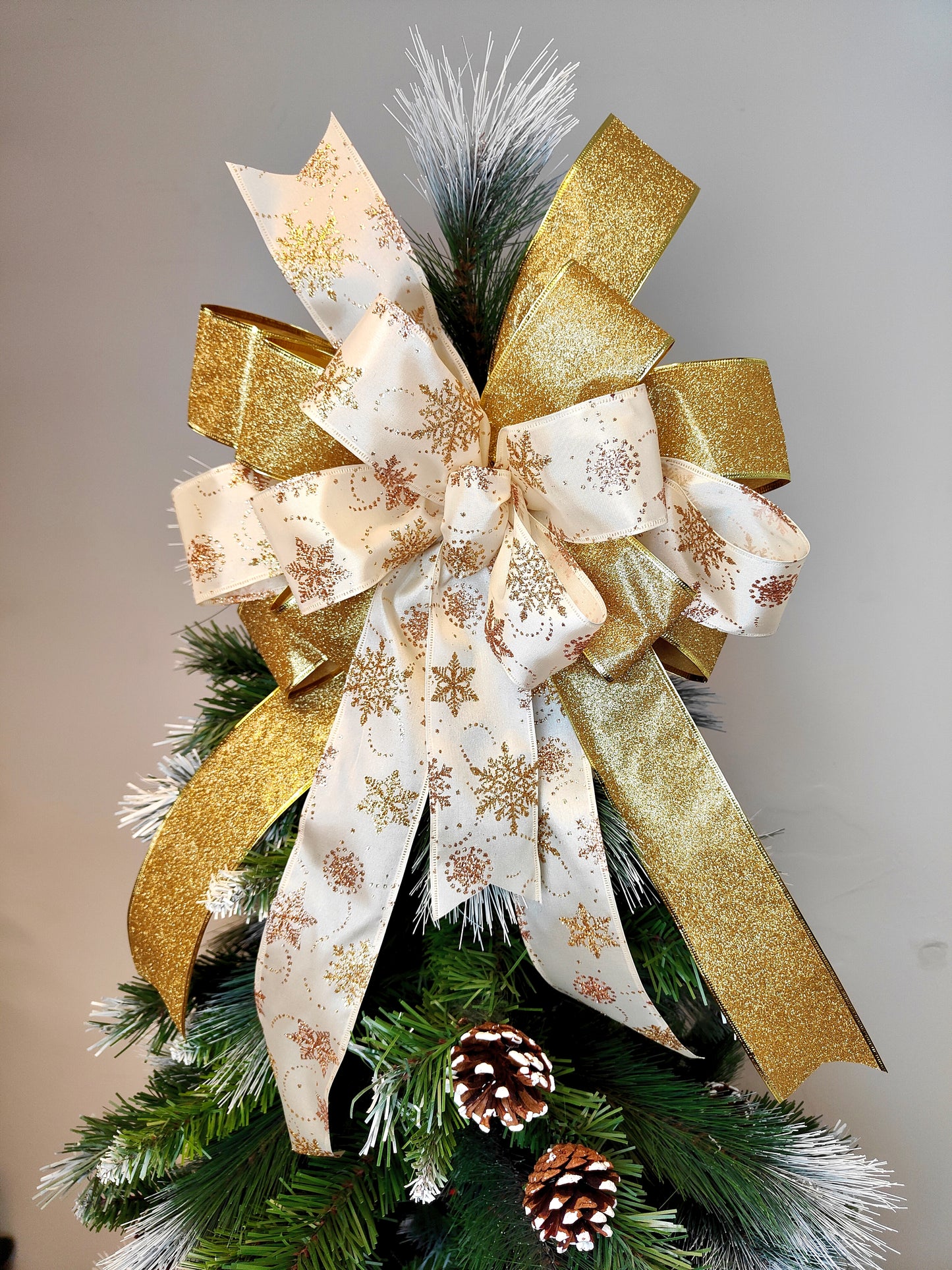 Ivory Champagne Rose Gold Snowflake Glitter Christmas Topper Bow 12 inch