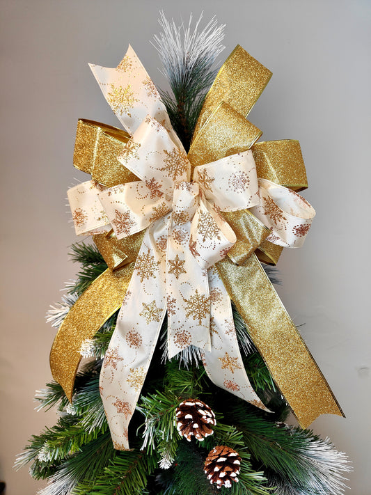 Ivory Champagne Rose Gold Snowflake Glitter Christmas Topper Bow 12 inch