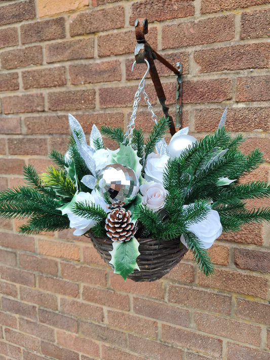 Silver White Grey Artificial Flower with Holly Hanging Basket 10 inch