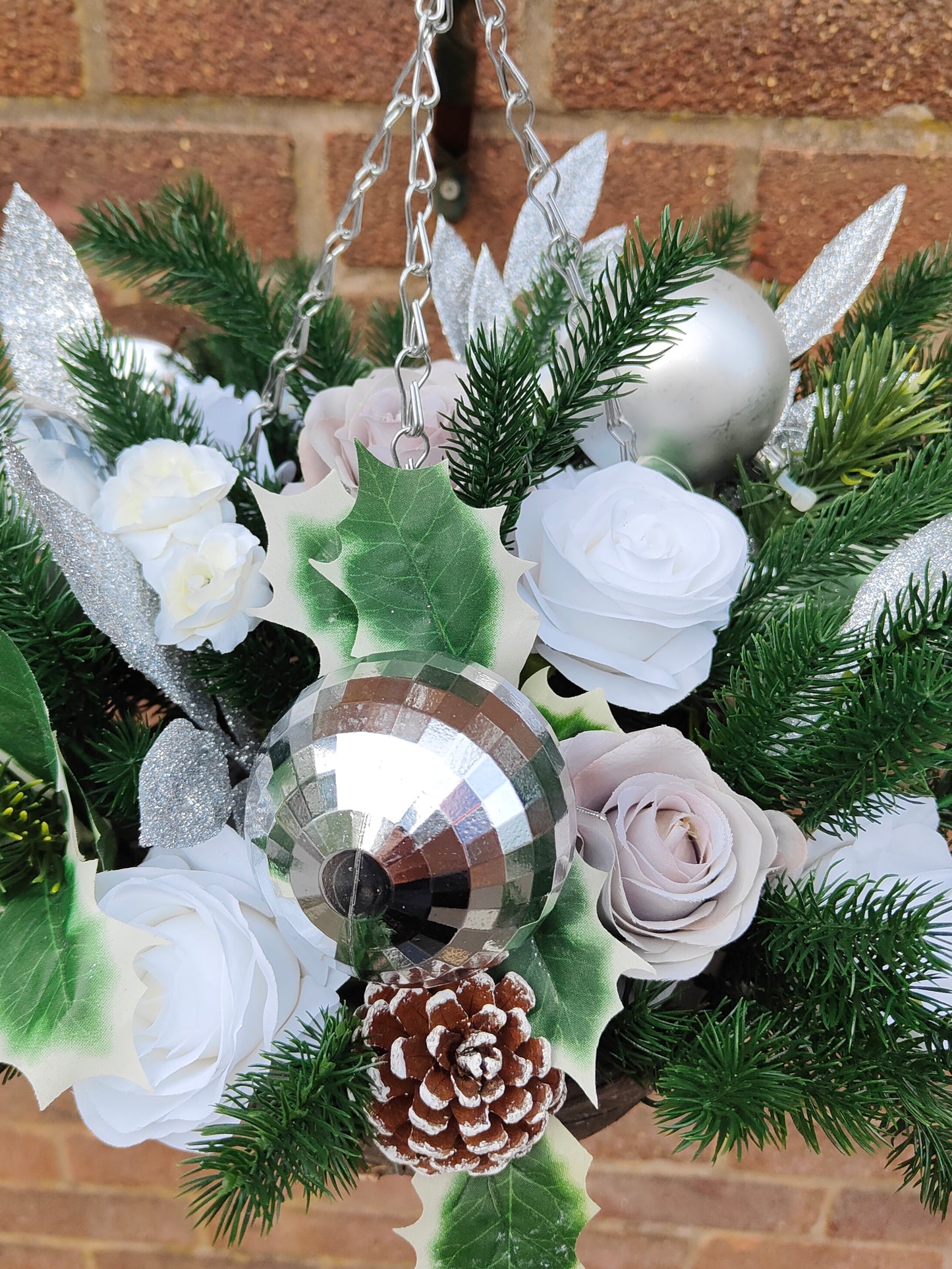Silver White Grey Artificial Flower with Holly Hanging Basket 10 inch