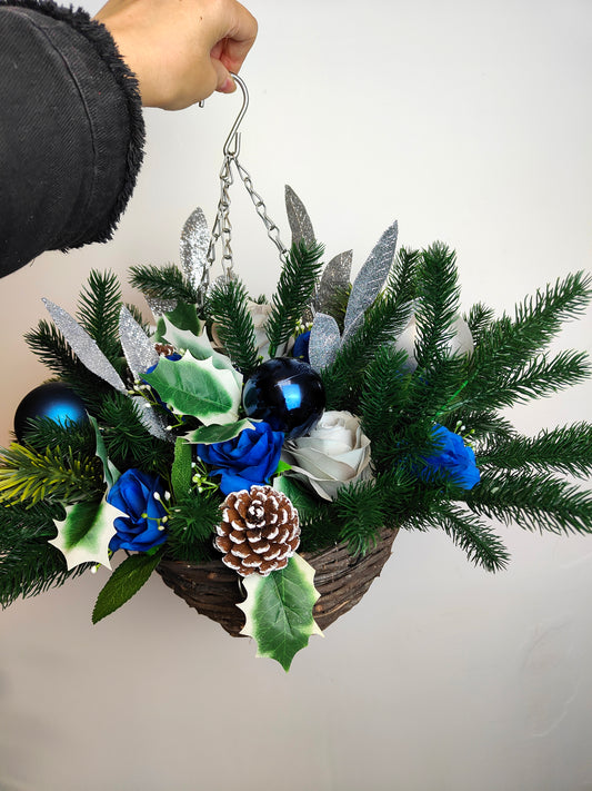 Blue Silver Grey Artificial Flower with Holly Hanging Basket 10 inch