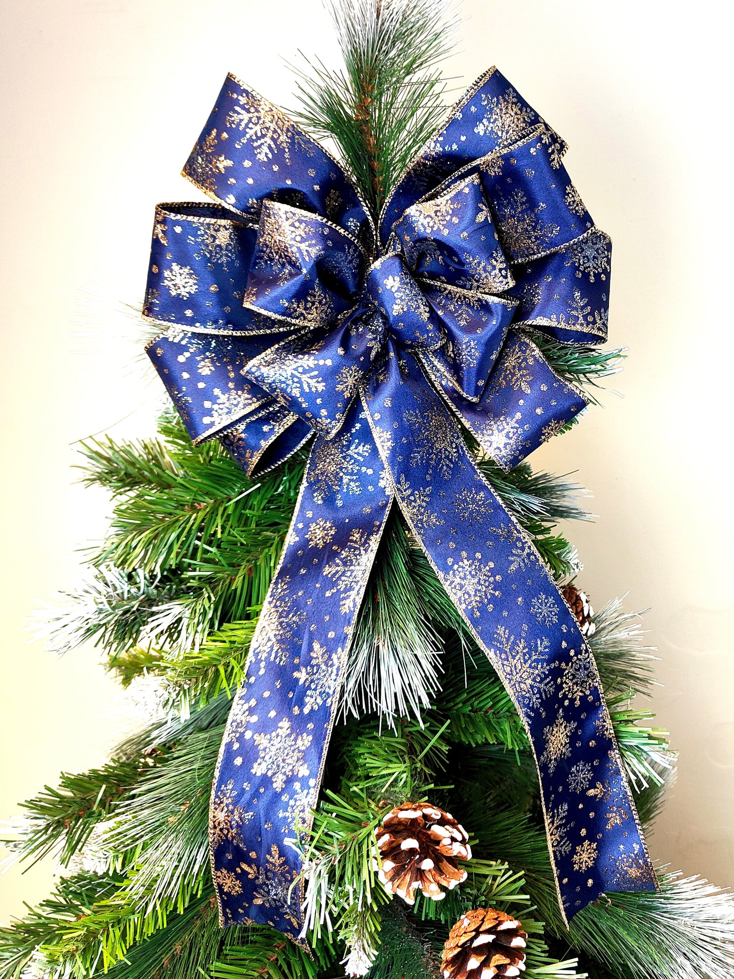 Navy Blue Gold Snowflake Christmas Bow Wreath