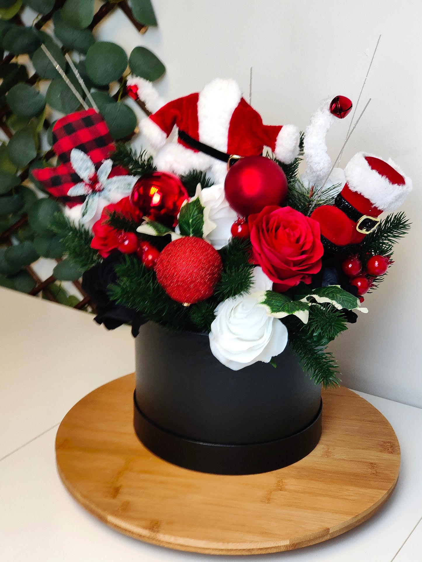 Santa Rose Christmas Hat Box Arrangement – Artificial Christmas Centerpiece