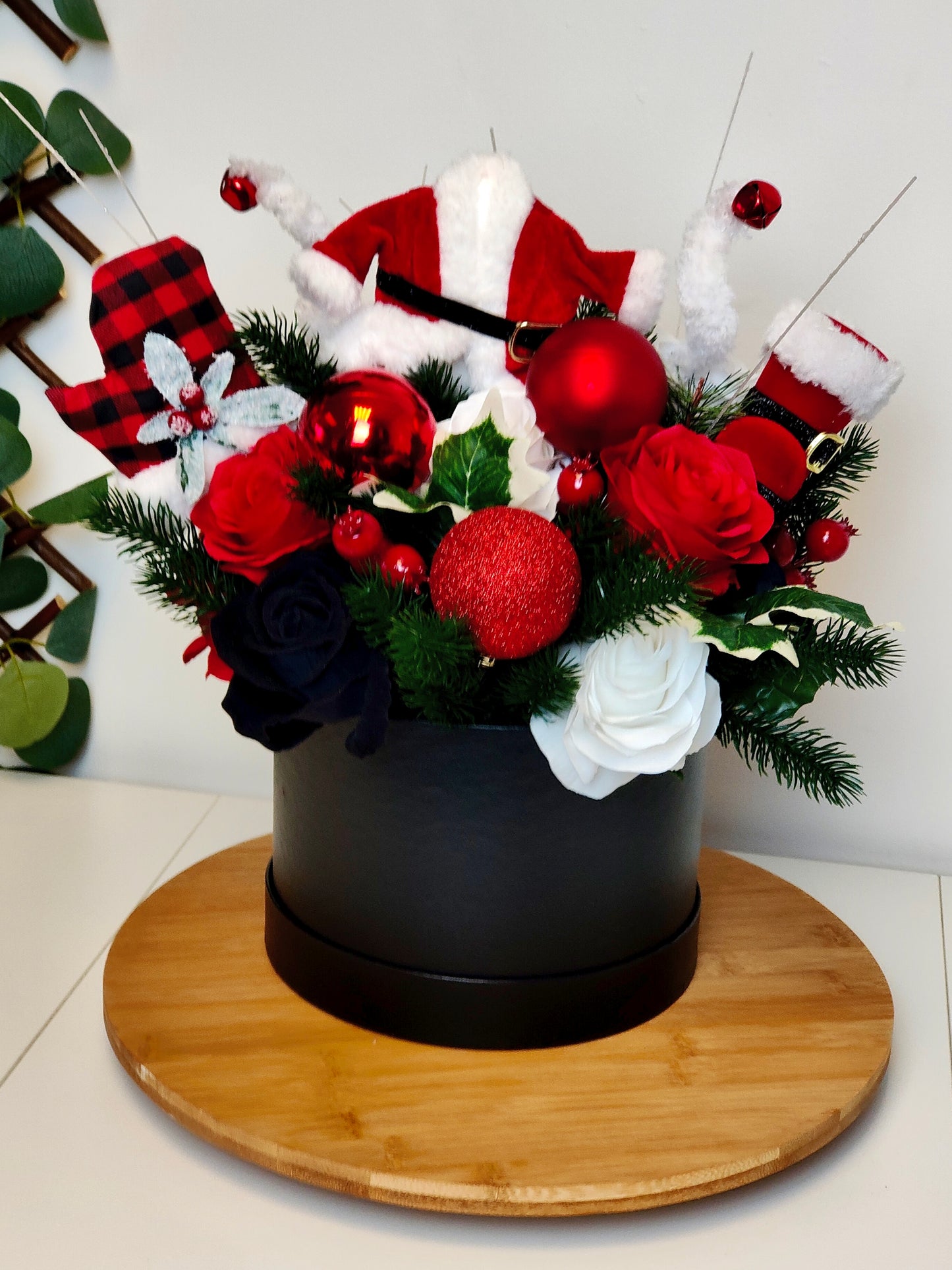 Santa Rose Christmas Hat Box Arrangement – Artificial Christmas Centerpiece