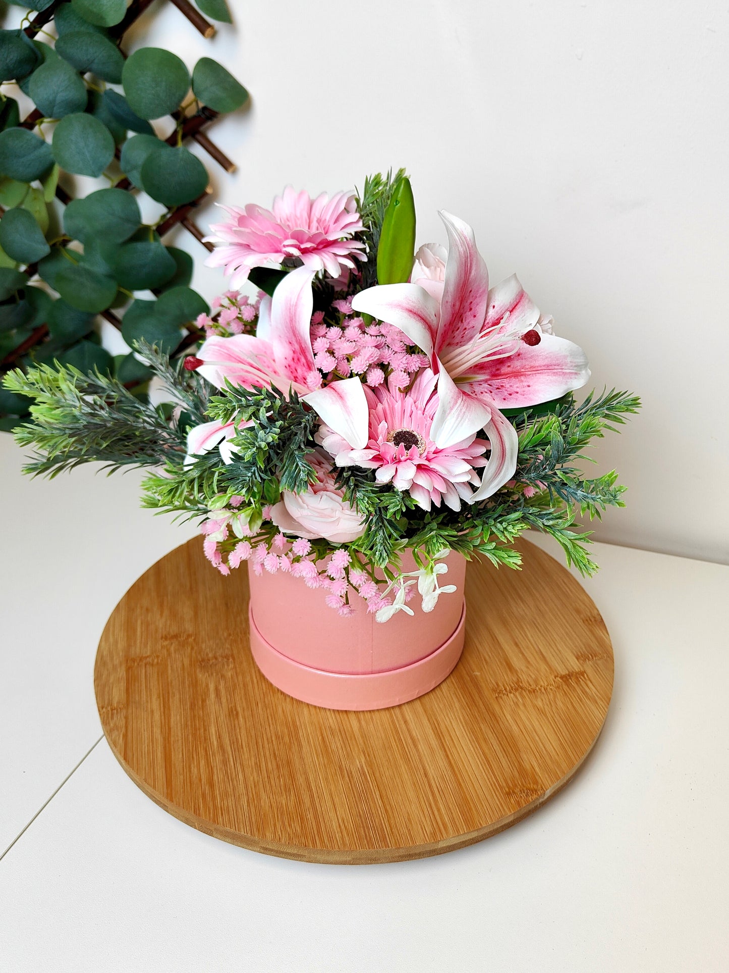 Pink Artificial Lily & Rose Hat Box Arrangement