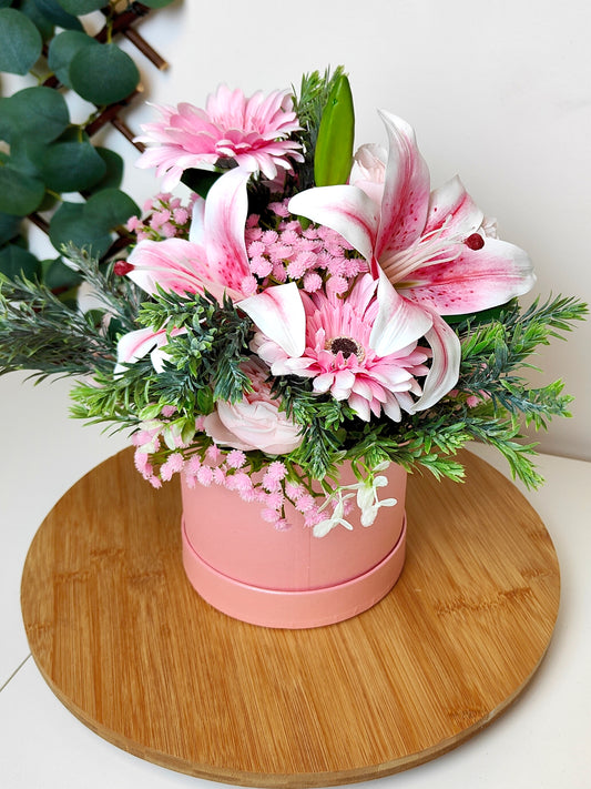 Pink Artificial Lily & Rose Hat Box Arrangement