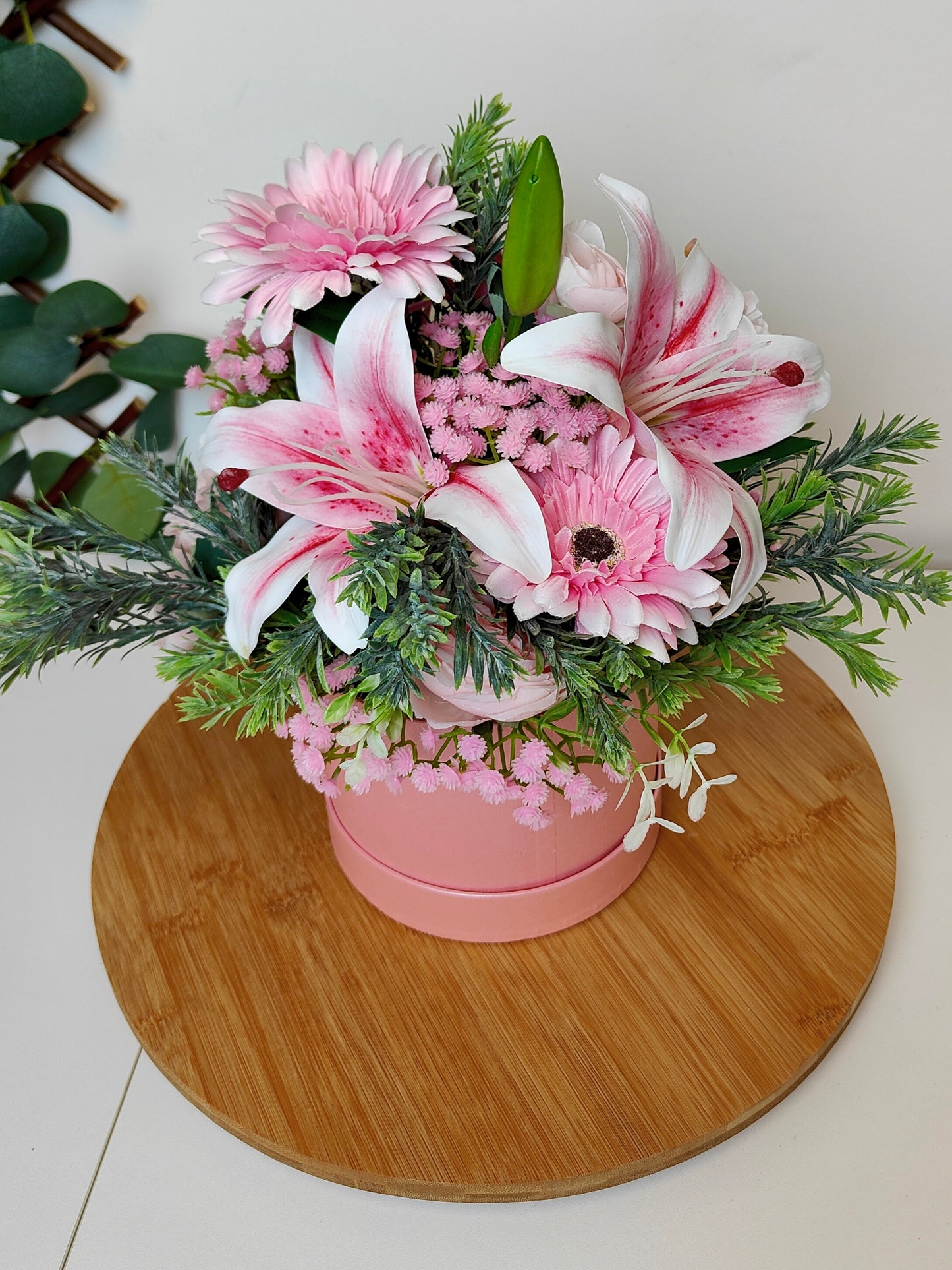 Pink Artificial Lily & Rose Hat Box Arrangement