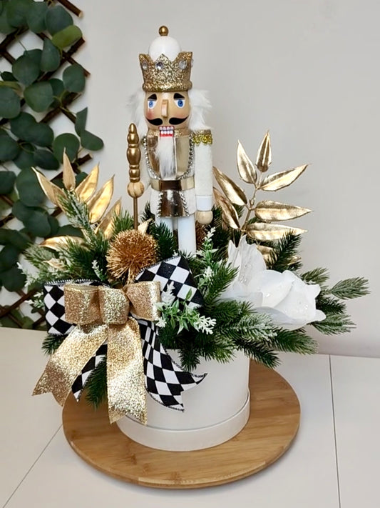 White Gold Nutcracker Christmas Hat Box Arrangement – Artificial Christmas Centerpiece