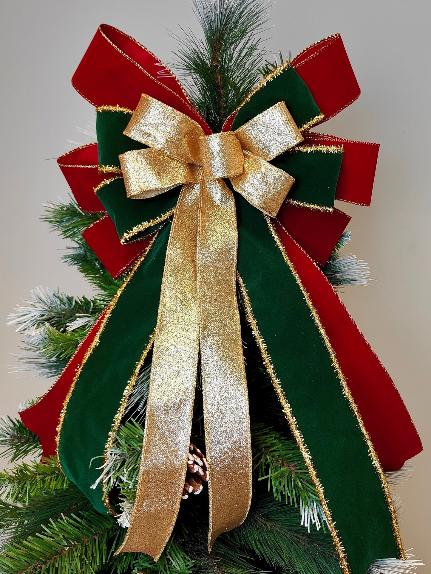 Red Green Gold Velvet Christmas Tree Topper Bow 14 inch