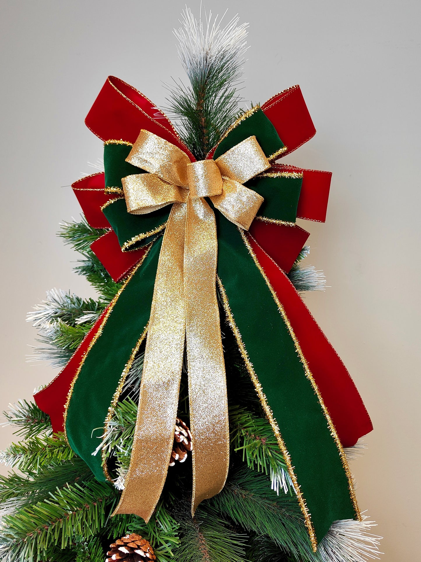 Red Green Gold Velvet Christmas Tree Topper Bow 14 inch