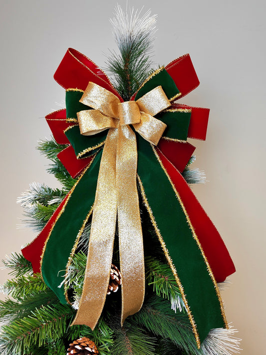 Red Green Gold Velvet Christmas Tree Topper Bow 14 inch