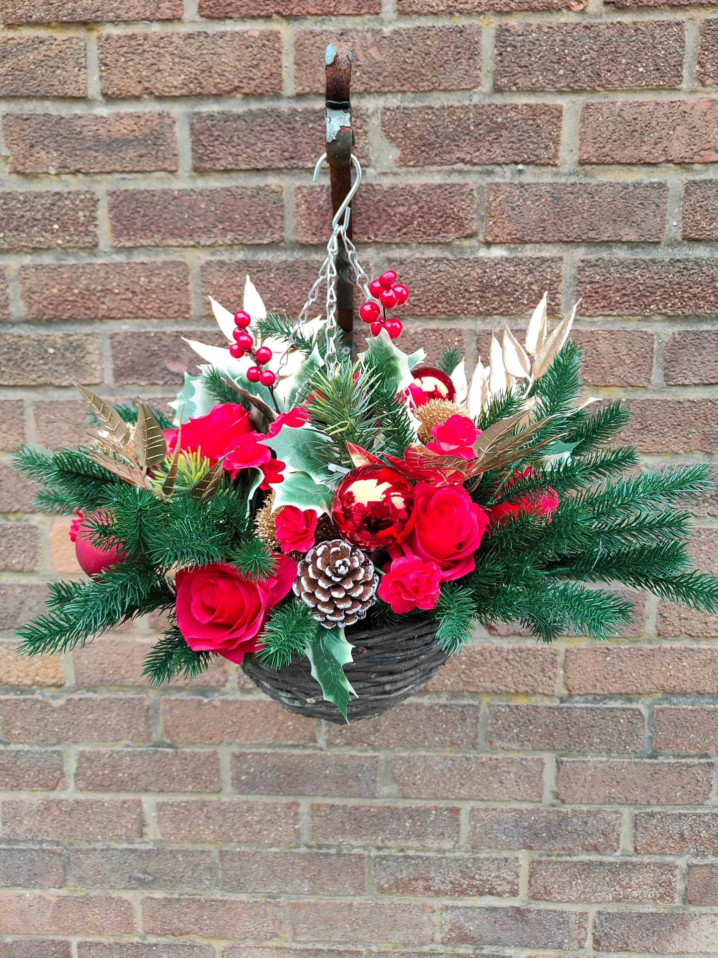 Red Gold Artificial Flower with Holly Hanging Basket 10 inch