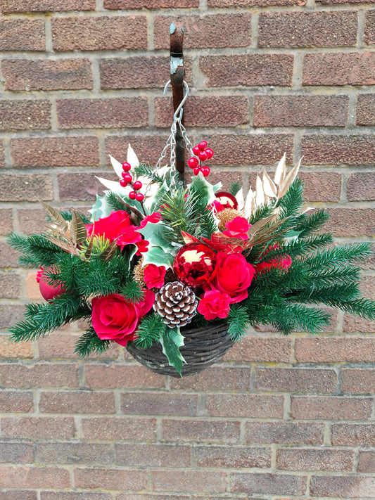 Red Gold Artificial Flower with Holly Hanging Basket 10 inch