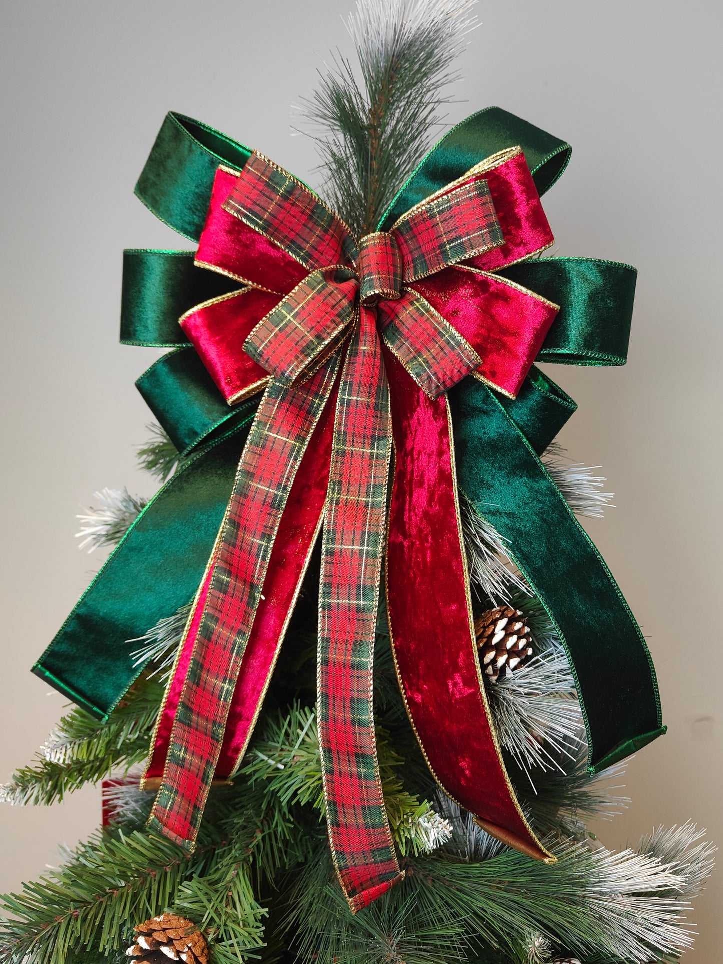 Red Green Tartan Velvet Christmas Tree Topper Bow 14 inch