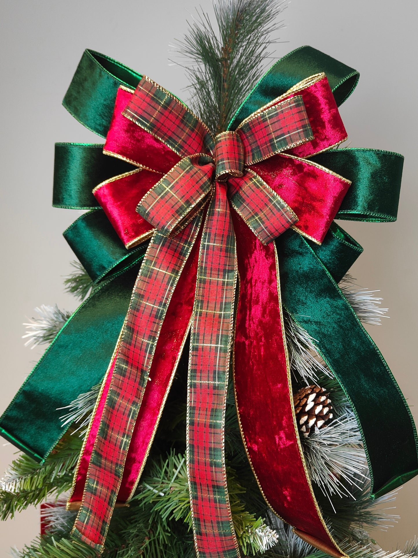 Red Green Tartan Velvet Christmas Tree Topper Bow 14 inch