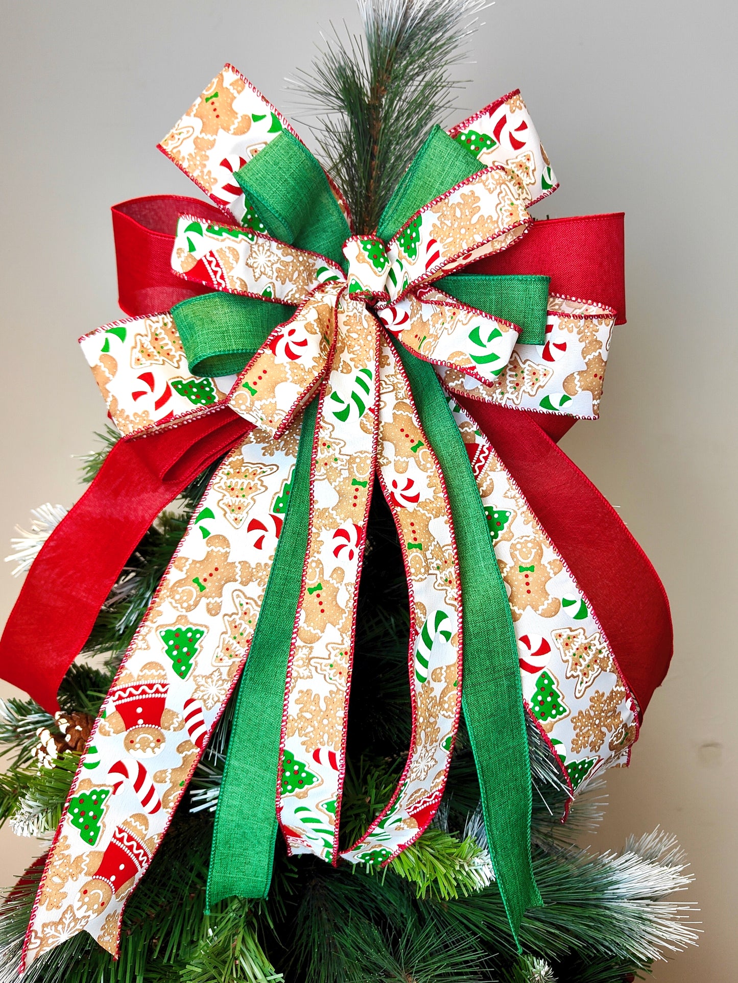Red Green Gingerbread Man Bow Christmas Topper 14 inch
