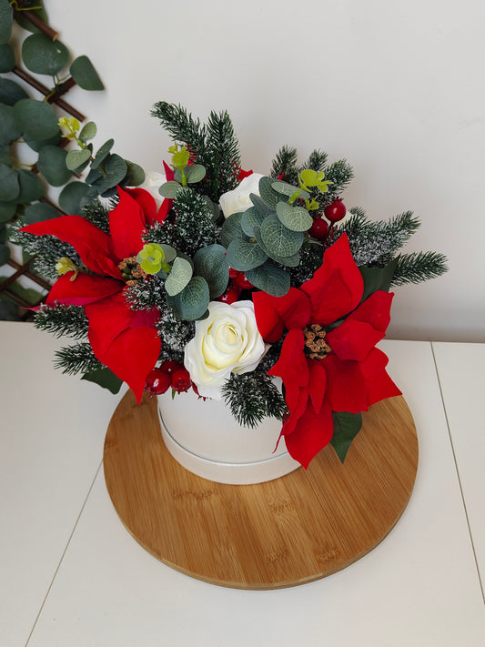 Red and Cream Poinsettia Hat Box Arrangement – Artificial Christmas Centerpiece
