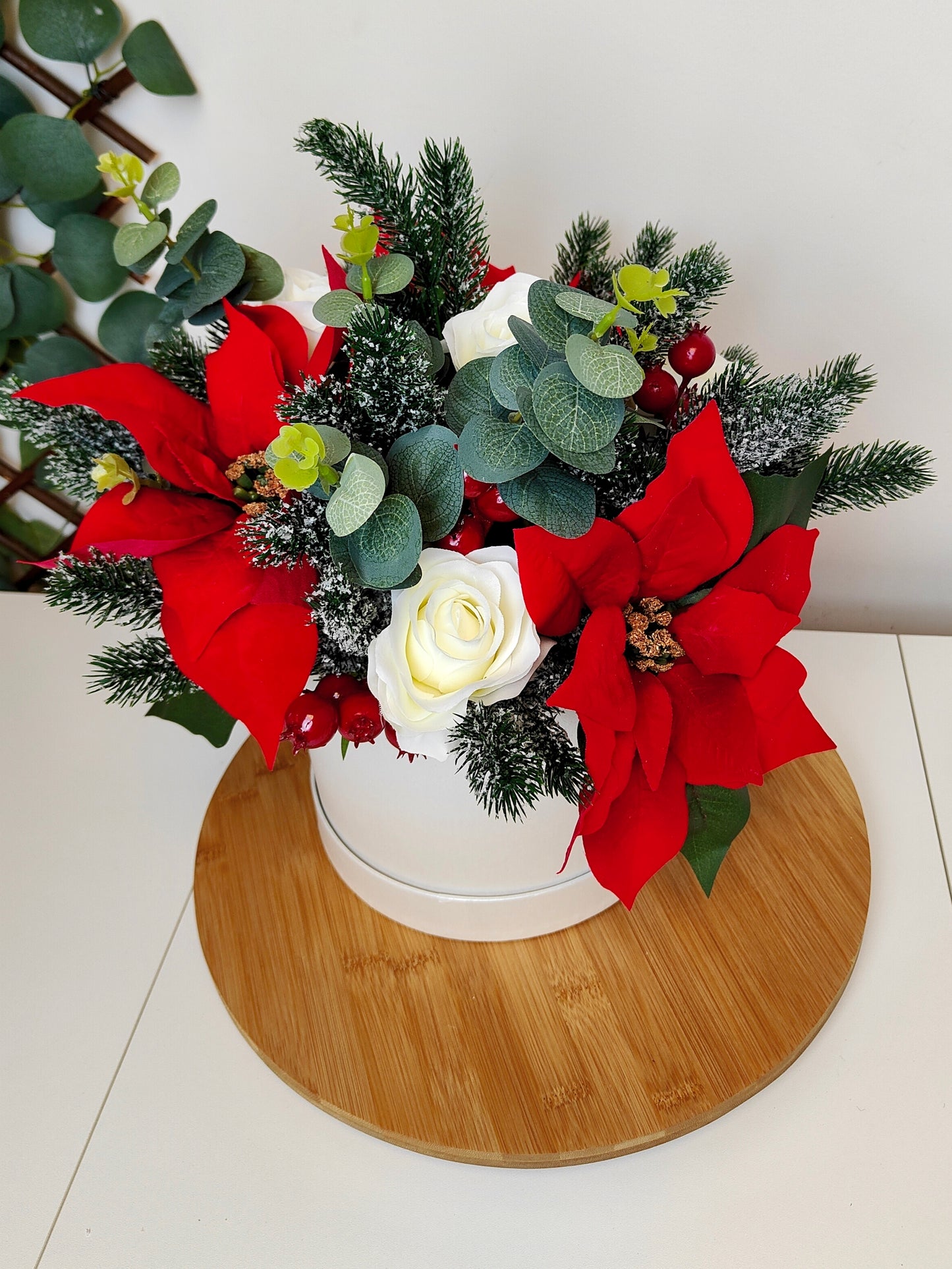 Red and Cream Poinsettia Hat Box Arrangement – Artificial Christmas Centerpiece
