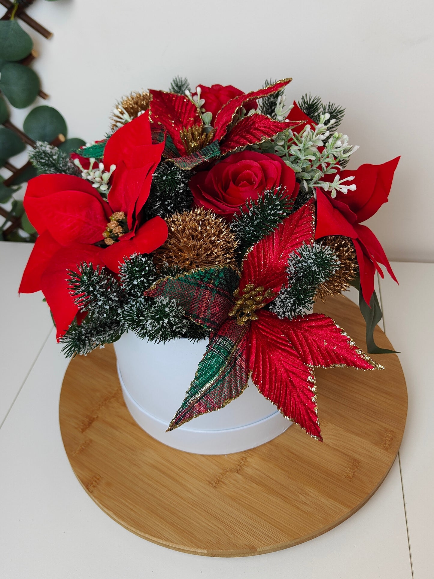 Tartan Red Poinsettia Hat Box Arrangement – Artificial Christmas Centerpiece