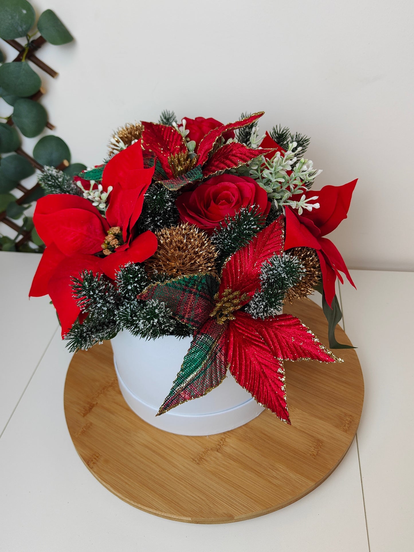 Tartan Red Poinsettia Hat Box Arrangement – Artificial Christmas Centerpiece