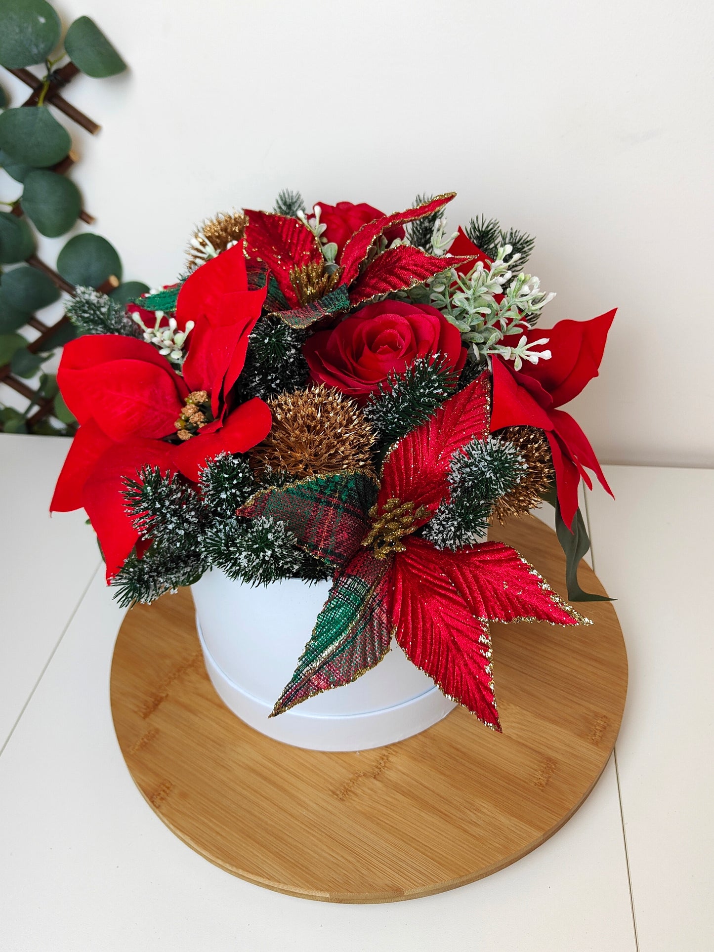 Tartan Red Poinsettia Hat Box Arrangement – Artificial Christmas Centerpiece