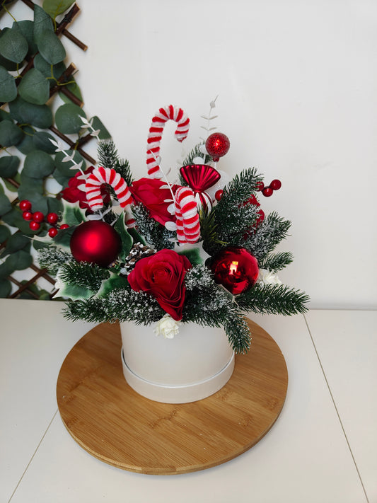 Red White Candycane Rose Christmas Hat Box Arrangement – Artificial Christmas Centerpiece
