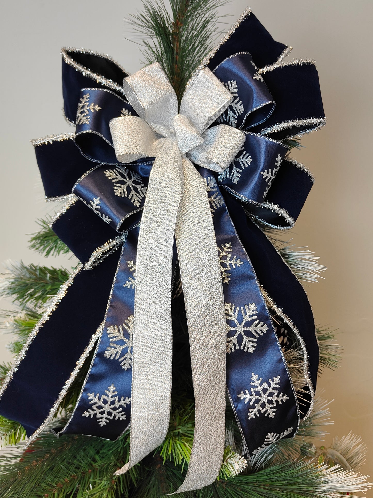 Navy Blue Velvet Silver Christmas Tree Topper Bow 14 inch