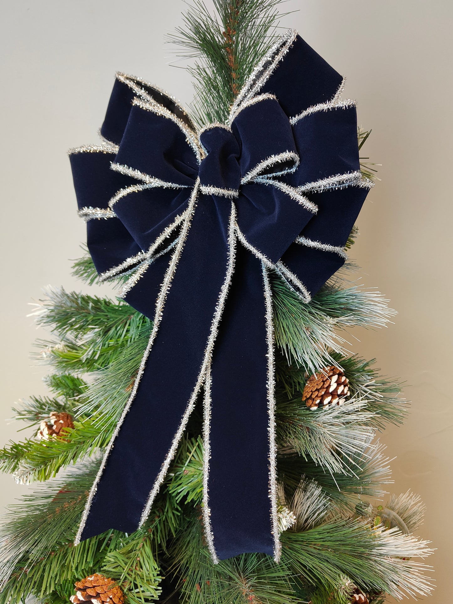 Navy Blue and Silver Velvet Bow