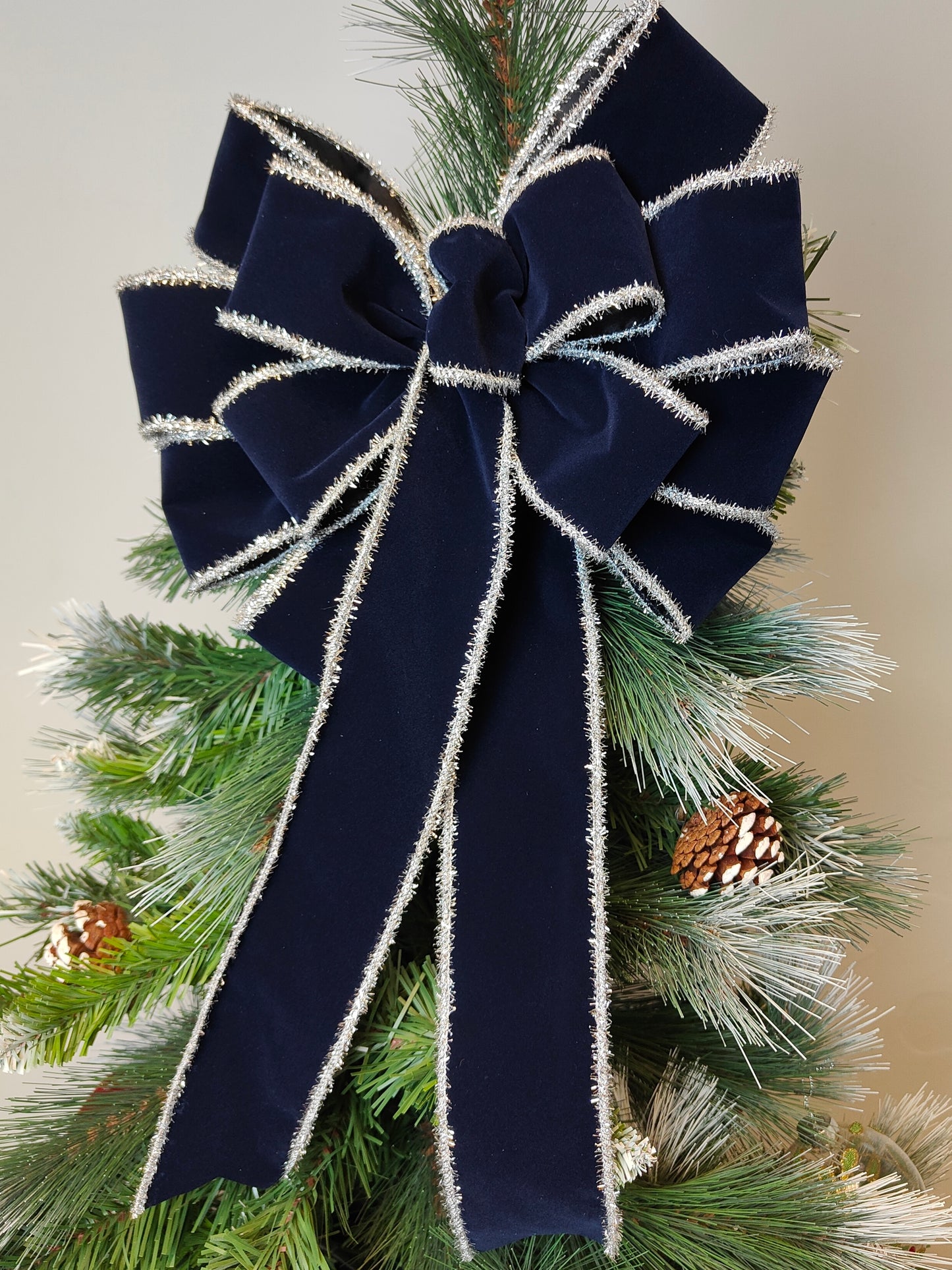 Navy Blue and Silver Velvet Bow
