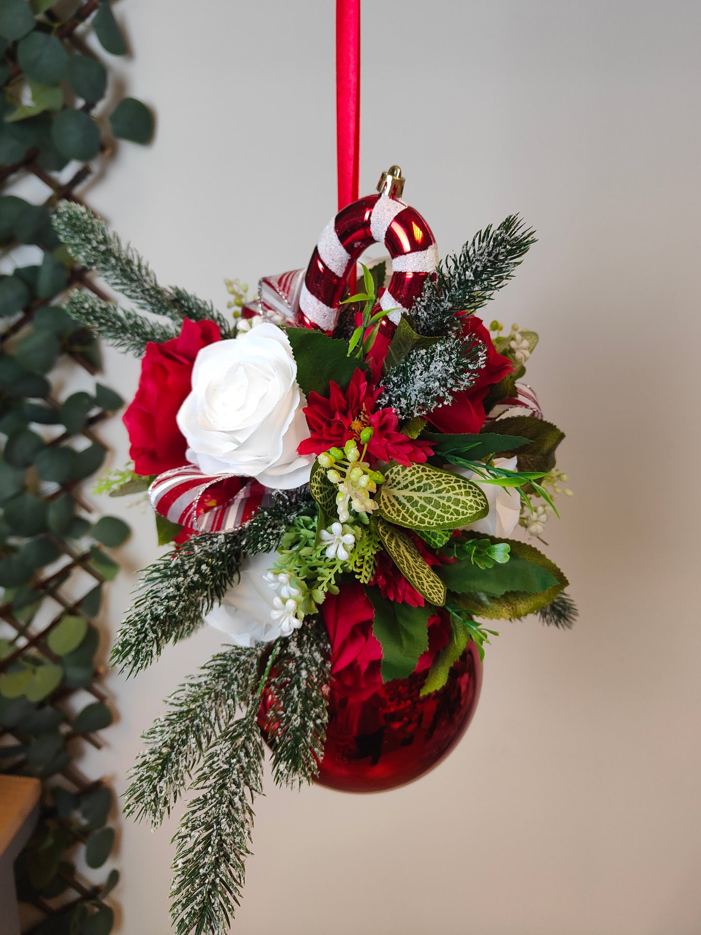 Red White Candycane Flower Christmas Bauble Artificial