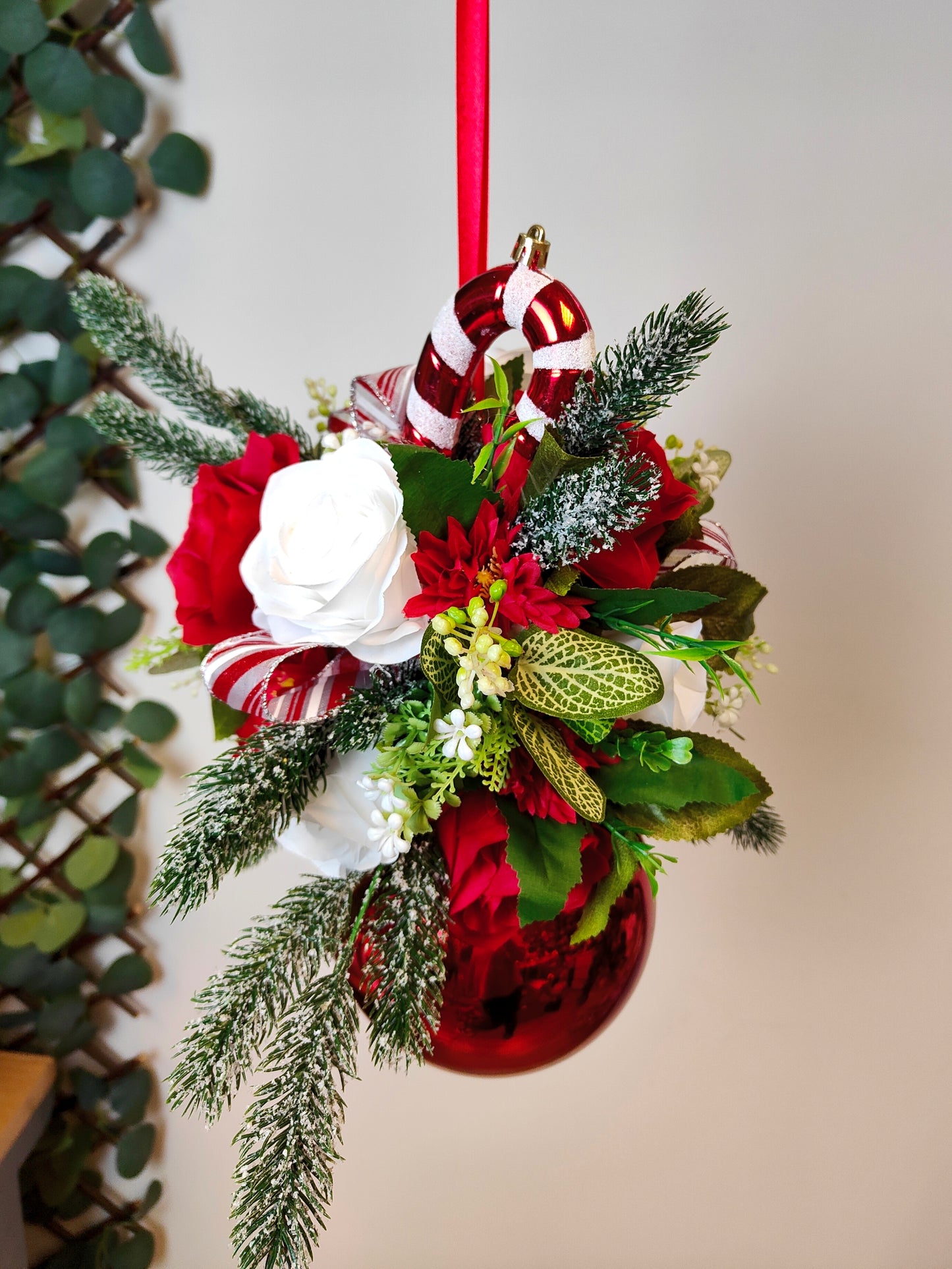 Red White Candycane Flower Christmas Bauble Artificial