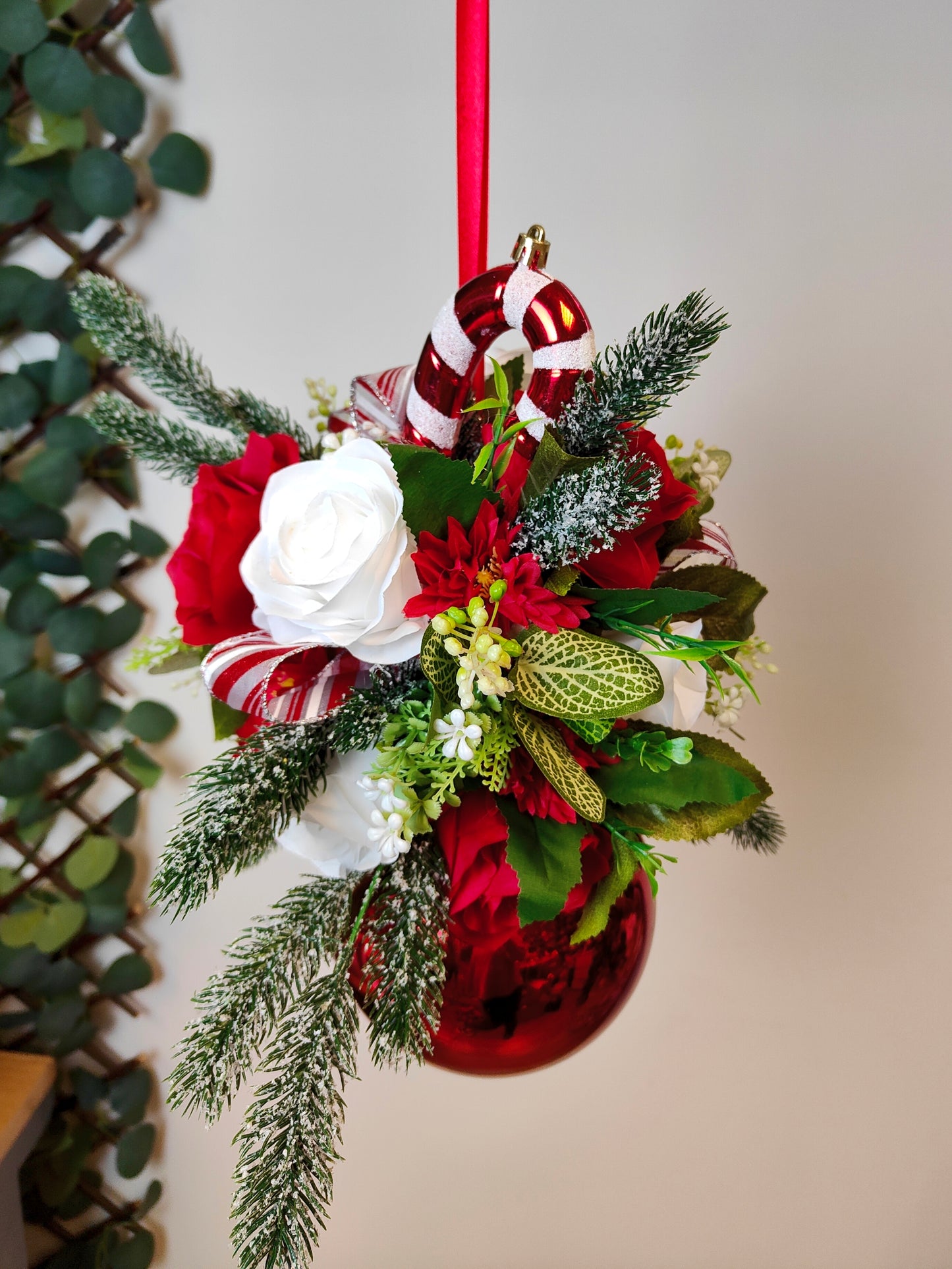 Red White Candycane Flower Christmas Bauble Artificial