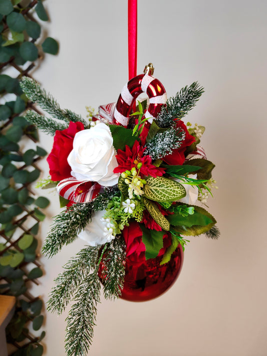 Red White Candycane Flower Christmas Bauble Artificial