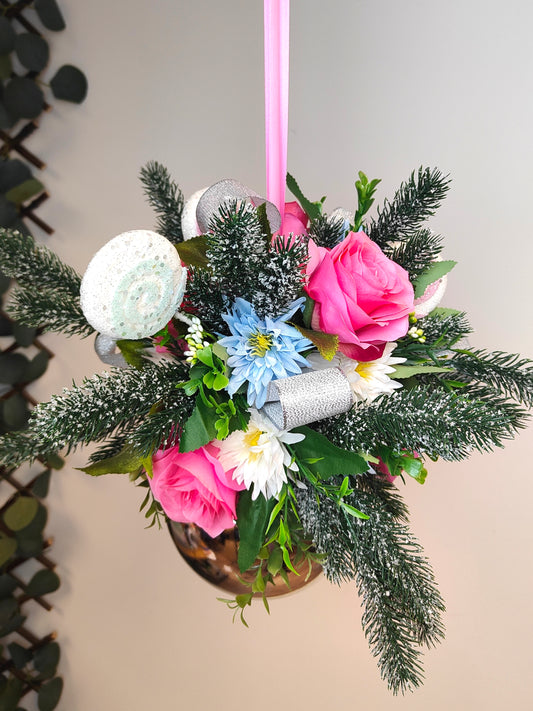 Pink White Blue Candyland Flower Christmas Silver Bauble Artificial