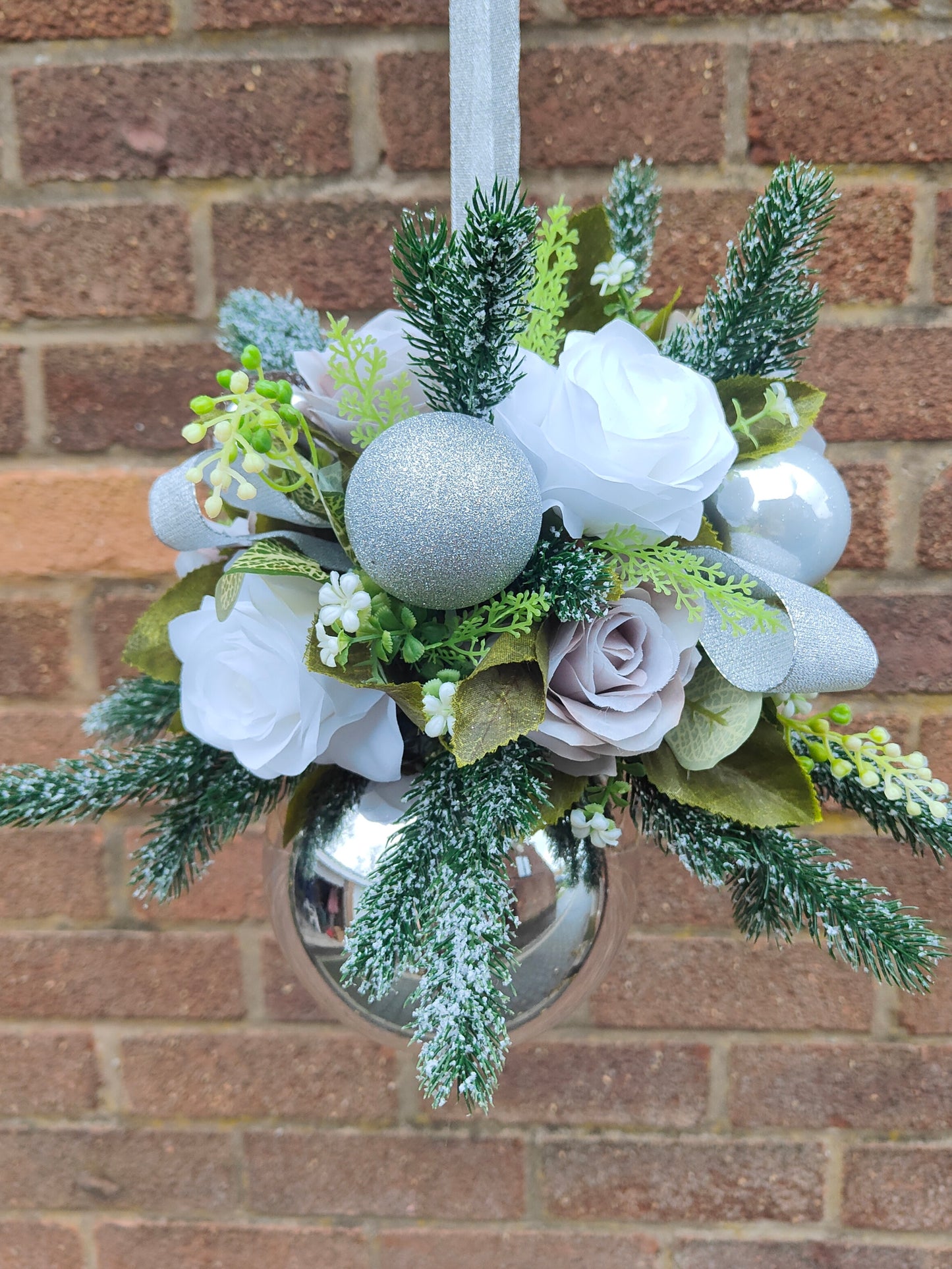 Silver White Grey Flower Christmas Silver Bauble Artificial