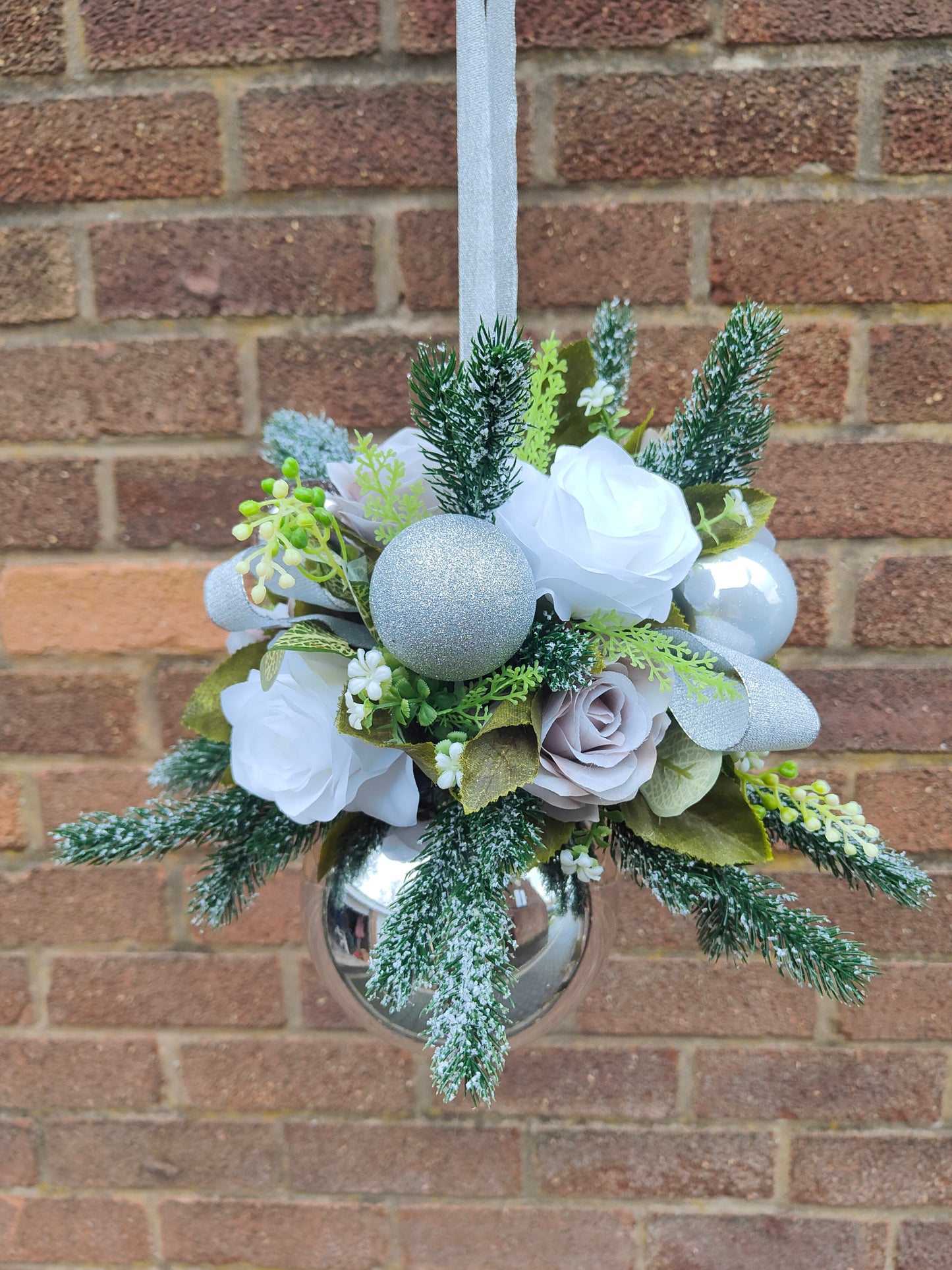 Silver White Grey Flower Christmas Silver Bauble Artificial