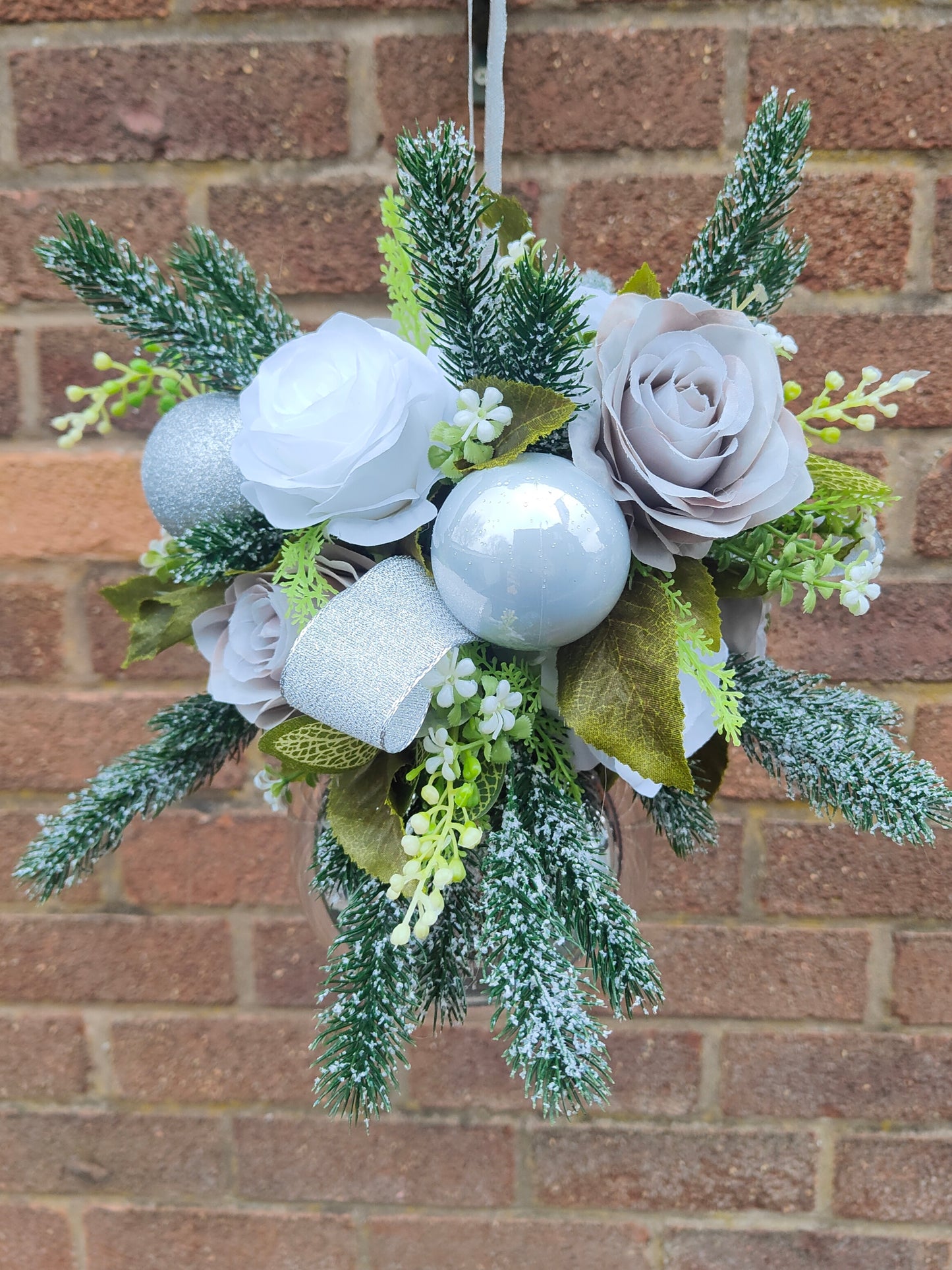 Silver White Grey Flower Christmas Silver Bauble Artificial
