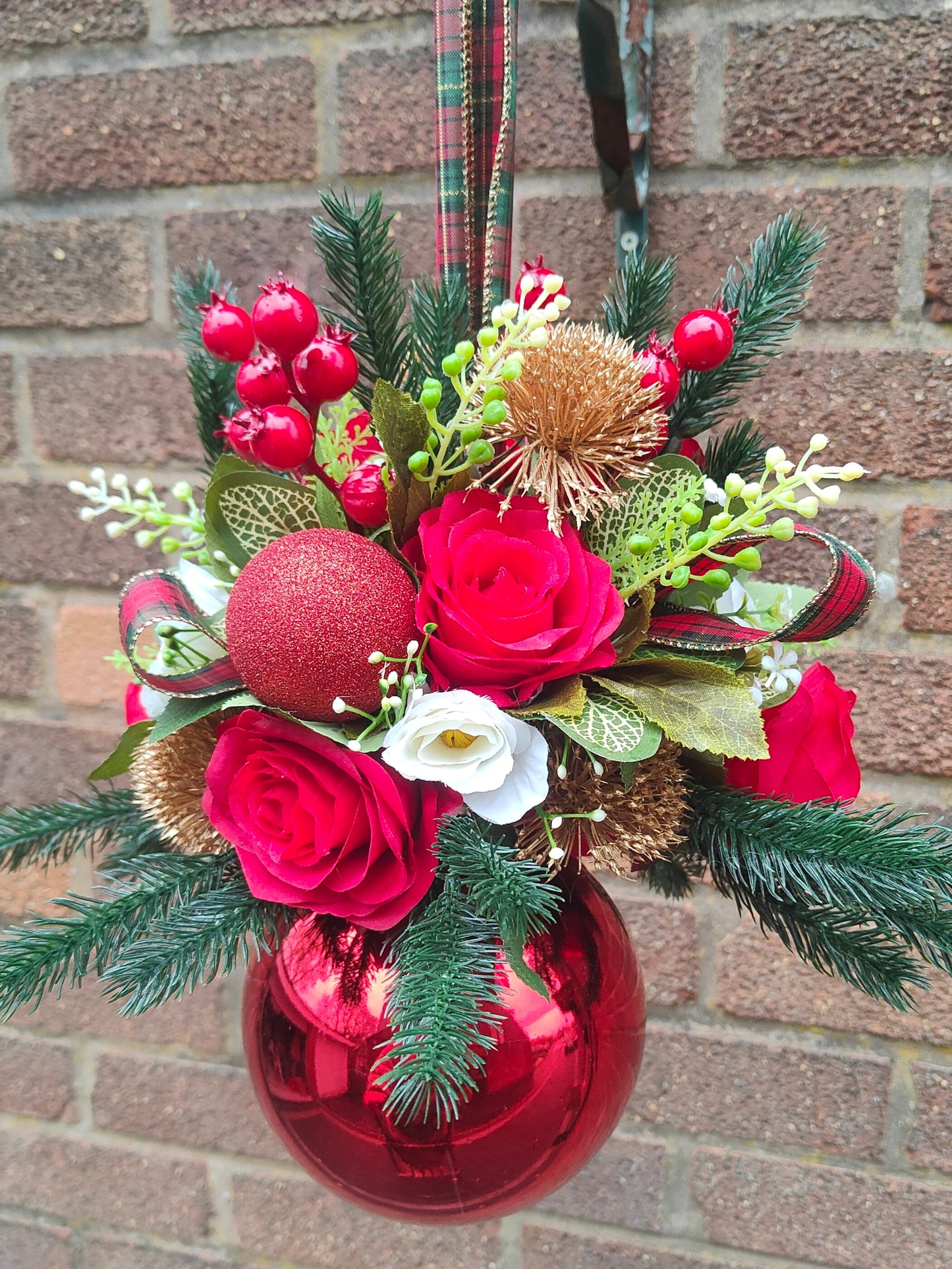 Red Gold Tartan Flower Christmas Silver Bauble Artificial