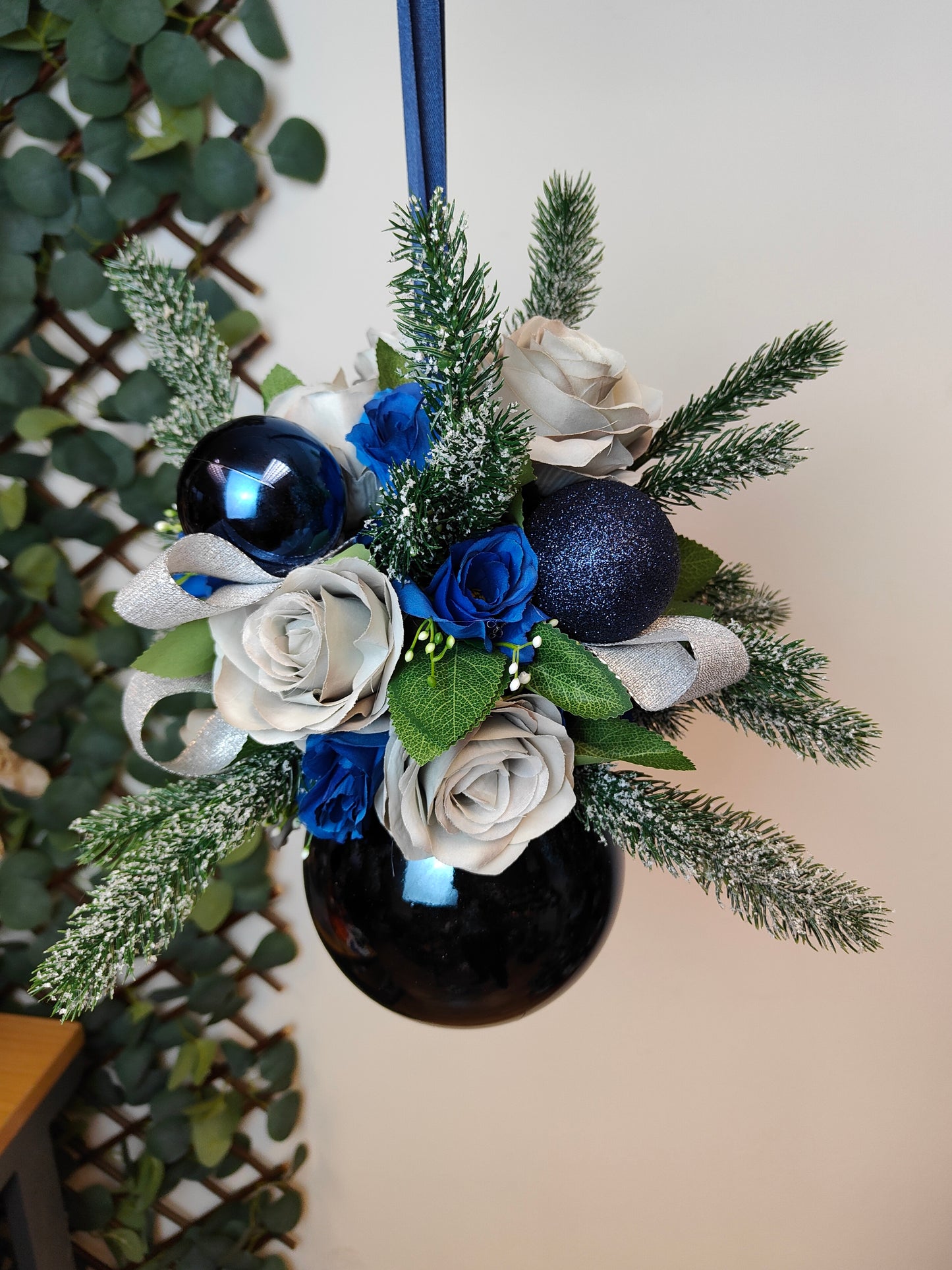 Grey Navy Blue Silver Flower Christmas Navy Bauble Artificial