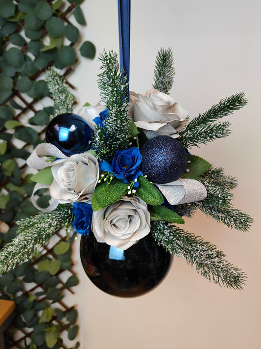 Grey Navy Blue Silver Flower Christmas Navy Bauble Artificial